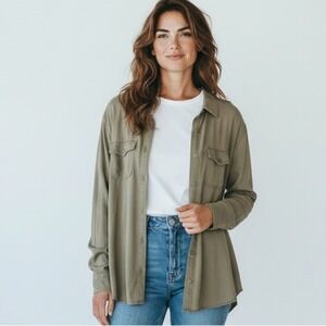 BP Olive Green Utility Button Down Long Sleeve Casual Boyfriend Fit Women Size L